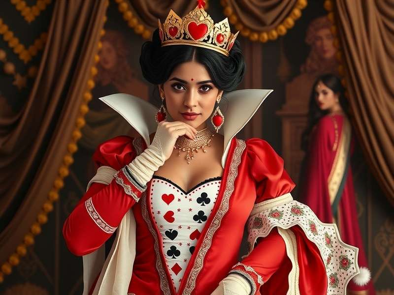 Finished Queen of Hearts DIY costume on a model against a red backdrop