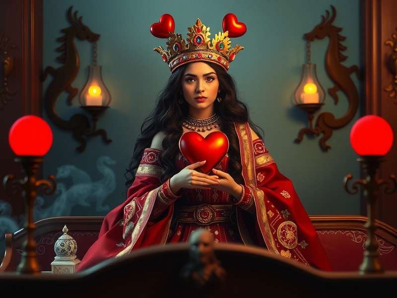 Artistic depiction of the Queen of Hearts playing card, highlighting its importance in the game