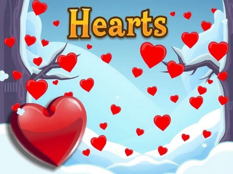 A hand of playing cards featuring Hearts suits laid out on a wooden table