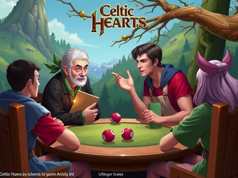 A hand of playing cards featuring Hearts suit, laid out on a wooden table