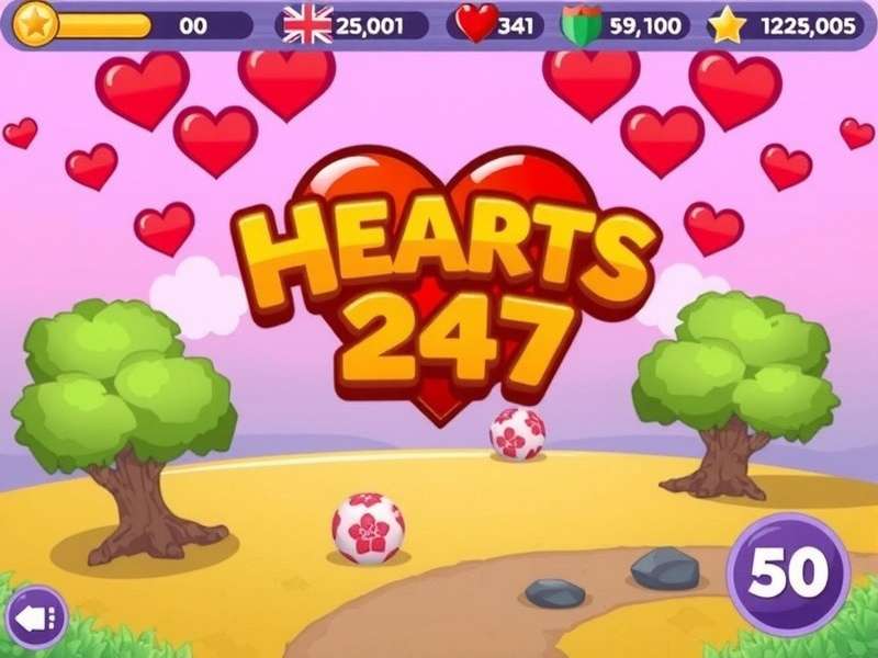 Hearts 247 Easy – Online card game interface showing hearts, spades, clubs and diamonds